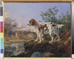 Rauch, Johann Nepomuk - Landgut Kusminki. Reithalle. Hund in einer Landschaft