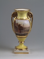 Meister von A. Popow-Manufaktur - Dekorative Vase mit Ansicht des M. Kutusow-Denkmals und Kasaner-Gottesmutter-Kathedrale