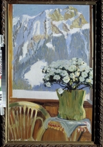 Kustodiew, Boris Michailowitsch - Blumen auf dem Balkon mit Blick auf die Berge