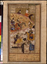 Iranischer Meister - Ardaschir I. tötet den Großkönig der Parther Artabanos V. (Buchminiatur)