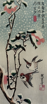 Hiroshige, Utagawa - Sperlinge und Kamelien im Schnee