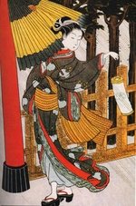Harunobu, Suzuki - Ein Mädchen unterwegs zum Shinto Schrein in regnerischer Nacht