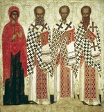 Russische Ikone - Paraskewa-Pjatniza, Gregor der Theologe, Johannes Chrysostomos und Basilius der Große