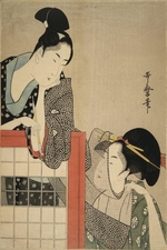 Utamaro, Kitagawa - Frau und Mann neben einer Schirmwand