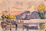 Signac, Paul - Zwei Frachtkähne, Boot und Schleppschiff in Samois