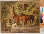 Adam, Albrecht - Pferde vor dem Eingang des Hauses