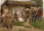 Wladimirow, Iwan Alexejewitsch - Beschlagnahme von Mehl und Getreide bei einem Bauer im Dorf in der Nähe von Pskow (Aus der Aquarellserie Russische Revolution)