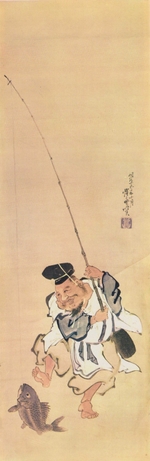 Kyosai, Kawanabe - Der Glücksgott Ebisu mit einem Fisch an der Angel
