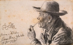 Menzel, Adolph Friedrich, von - Studie eines Mannes im Hut, mit Pfeife