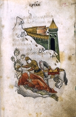 Altrussische Kunst - Alexander der Große bedeckt mit seinem Mantel die Leiche Dareios (Illustration aus Serbischen Alexandria)