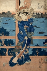 Hokusai, Katsushika - Die Kurtisane mit Hafen im Hintergrund