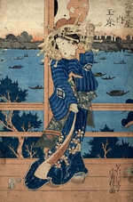 Hokusai, Katsushika - Die Kurtisane mit Hafen im Hintergrund