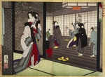 Yoshitoshi, Tsukioka - Die Kurtisane Shiraito aus dem Haus Hashimoto-ya. Diptychon. Aus der Serie Shinsen azuma nishiki-e