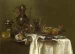 Heda, Willem Claesz - Stilleben: Zinntellern, Silbergeschirr und eine Krabbe