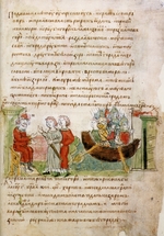 Unbekannter Künstler - Askold und Dir bieten Rurik um Erlaubnis einen Feldzug gegen Konstantinopel zu führen. Aus der Radziwill-Chronik (auch Königsber