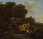 Berchem, Nicolaes (Claes) Pietersz, der Ältere - Drehleier-Spieler mit Frau und Kind