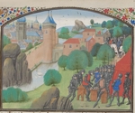 Unbekannter Künstler - Soldaten beim Würfelspiel vor der Stadt Cäsarea. Miniatur aus der Historia Wilhelms von Tyrus