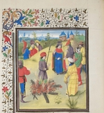 Unbekannter Künstler - Peter Bartholomäus mit der heiligen Lanze stellt sich zu einer Feuerprobe. Miniatur aus der Historia Wilhelms von Tyrus