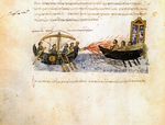 Unbekannter Künstler - Griechisches Feuer. Miniatur aus der Madrider Bilderhandschrift des Skylitzes