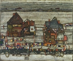 Schiele, Egon - Häuser und bunte Wäsche (Zwei Häuserblöcke mit Wäscheleine)