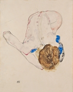 Schiele, Egon - Nach vorn gebeugter Akt mit blauen Strümpfen