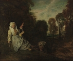 Watteau, Jean Antoine - Abendlandschaft mit Spinnerin