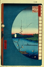 Hiroshige, Utagawa - Suijin-Wäldchen, der Uchigawa und das Dorf Sekiya von Massaki aus gesehen. (Einhundert Ansichten von Edo)