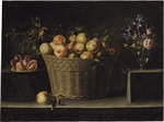 Zurbarán, Juan de - Äpfel in einem Weidenkorb, ein Granatapfel auf einem silbernen Teller und Blumen in einer Glasvase