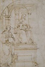 Raffael (Raffaello Sanzio da Urbino) - Entwurf für eine thronende Muttergottes mit Kind und dem heiligen Nikolaus von Tolentino