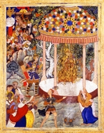 Indische Kunst - Hamza verbrennt Zarathustras Truhe und zerbricht die Urne mit seiner Asche (Aus Hamzanama, Epos von Hamza)