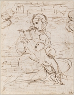 Raffael (Raffaello Sanzio da Urbino) - Lesende Madonna mit Kind in einer Landschaft zwischen zwei Cherubsköpfen