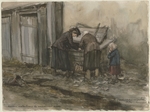 Wladimirow, Iwan Alexejewitsch - Zwei Frauen und Kind, die in den Mülltonnen nach Essbarem suchen (Aus der Aquarellserie Russische Revolution)