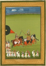 Indische Kunst - Raja und Sohn auf Pferde, verkleidet als Elefanten, mit Gefolge