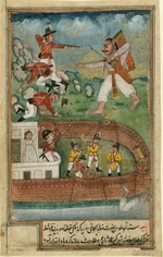 Indische Kunst - Attacke der indischen Dämonen auf die Festung, von europäischen Truppen verteidigt