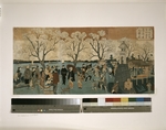 Hiroshige, Utagawa - Kirschbäume in voller Blüte entlang des Sumida-Flusses. (Bokusui tsutsumi hanazakari no zu)