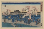 Hiroshige, Utagawa - Kirschbäume in voller Blüte entlang des Sumida-Flusses. (Sumida tsutsumi hanami no zu)