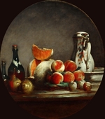 Chardin, Jean-Baptiste Siméon - Melone, Birnen, Pfirsiche und Pflaumen, oder Die angeschnittene Melone
