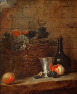Chardin, Jean-Baptiste Siméon - Obstkorb mit Weintrauben, Silberbecher, Flasche, Pfirsiche, Pflaumen, und eine Birne