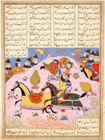 Iranischer Meister - Malik hebt Abu'l Mihjan aus dem Sattel. Aus Khavarannama (Das Buch des Ostens) von ibn Husam al-Din