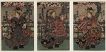 Unbekannter Künstler - Die Kurtisanen Shigeoka, Sugatano und Hanamurasaki. Triptychon. Aus der Serie Die Schönen von Yoshiwara