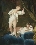 Fragonard, Jean Honoré - Zwei Mädchen auf einem Bett spielend mit ihren Hunden