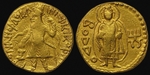 Numismatik, Antike Münzen - Goldmünze Kanishkas mit Baktrischer Schrift. Vorderseite: Kanischka vor einem Feueraltar, Rückseite: Buddha (boddo)