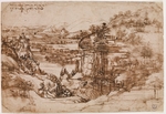 Leonardo da Vinci - Landschaft mit Fluss (Landschaft des Arno-Tals)