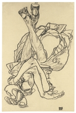 Schiele, Egon - Am Rücken liegendes Mädchen mit überkreuzten Armen und Beinen