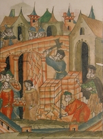 Unbekannter Künstler - Erbauung der Mariä-Himmelfahrts-Kathedrale im Moskauer Kreml von Aristotle Fioravanti (Aus der Illustrierten Chronikhandschrift)