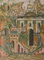 Unbekannter Künstler - Abschluss der Bauarbeiten von Mariä-Himmelfahrts-Kathedrale im Moskauer Kreml (Aus der Illustrierten Chronikhandschrift)