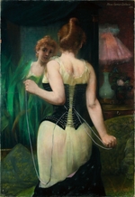 Carrière-Belleuse, Pierre - Junge Frau, ihr Korsett anprobierend