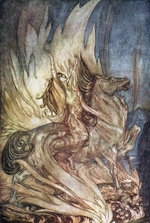 Rackham, Arthur - Brünnhilde reitet mit Siegfrieds Pferd Grane in den Scheiterhaufen. Illustration für Siegfried and The Twilight of the Gods