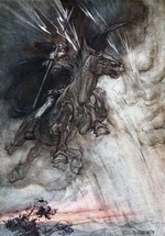 Rackham, Arthur - Furchtbar fährt dort Wotan zum Fels. Illustration für The Rhinegold and The Valkyrie von Richard Wagner
