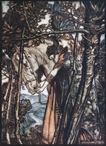 Rackham, Arthur - Brünnhilde führt ihr Ross am Zaume. Illustration für The Rhinegold and The Valkyrie von Richard Wagner